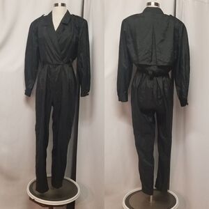 Vintage 80s Retro Black Poly Satin USA Utility Fashion Jumpsuit Woman's Sm-Md